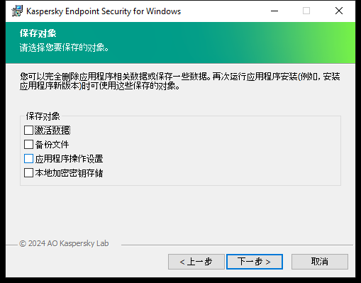 安装程序窗口，其中包含卸载应用程序后可以保存的对象列表。