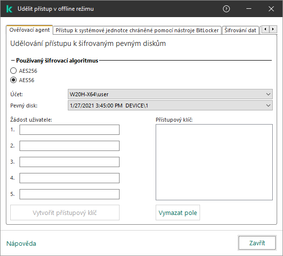 Okno s poli pro zadání obsahu požadavku uživatele a polem pro vygenerovaný klíč pro přístup na šifrovaný disk.