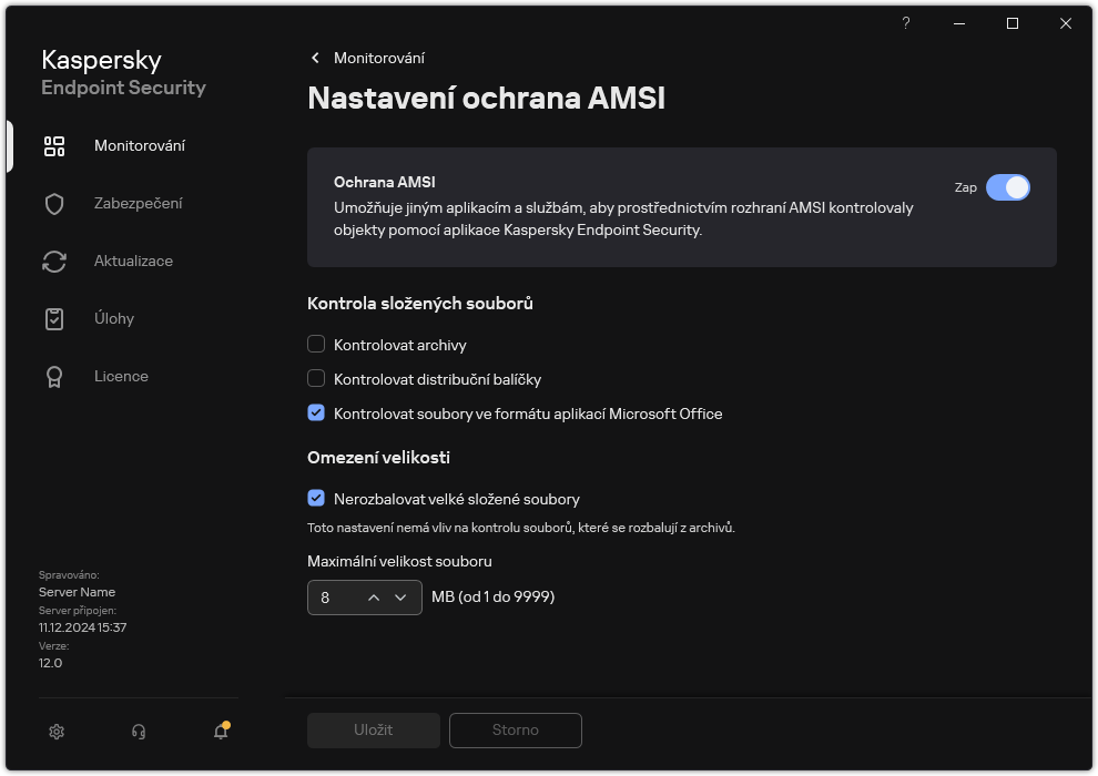 Okno nastavení součásti Ochrana AMSI.