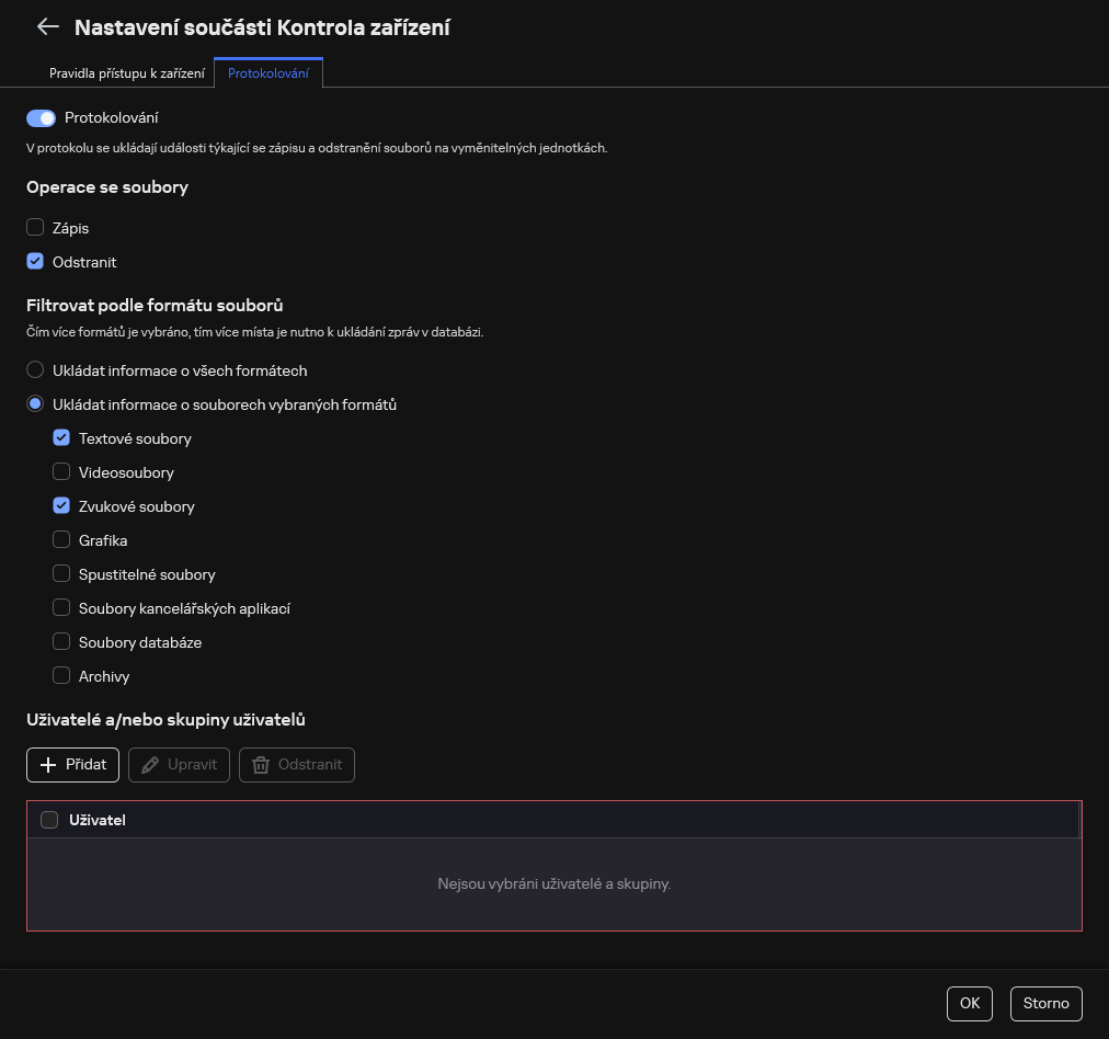 Okno pro konfiguraci protokolování událostí o použití vyměnitelných jednotek. Uživatel si může vybrat události, které mají být protokolovány.