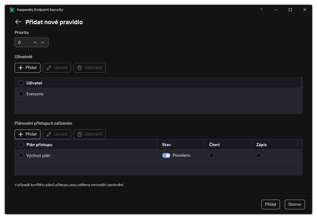 Okno konfigurace pravidla součásti Kontrola zařízení. Uživatel může přiřadit prioritu pravidla, přidat uživatele do pravidla a nastavit plán pravidel.
