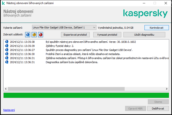 Okno se seznamem událostí nástroje. Uživatel může spustit diagnostiku a dešifrovat vybrané zařízení.
