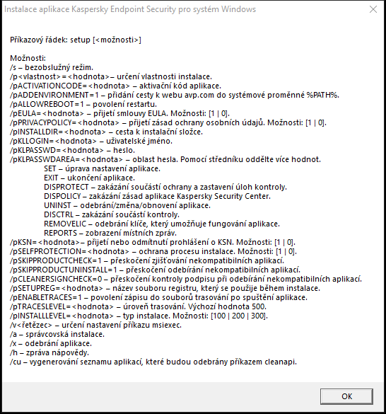 Okno s popisem popisující možnosti příkazu pro instalaci aplikace přes CMD.