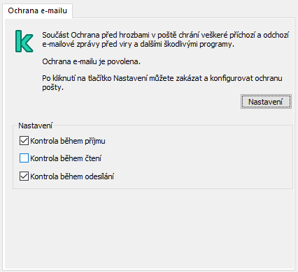 Rozšíření Kaspersky pro okno aplikace Outlook. Uživatel může nakonfigurovat zprávy, které mají být kontrolovány při přijetí, přečtení nebo odesílání.