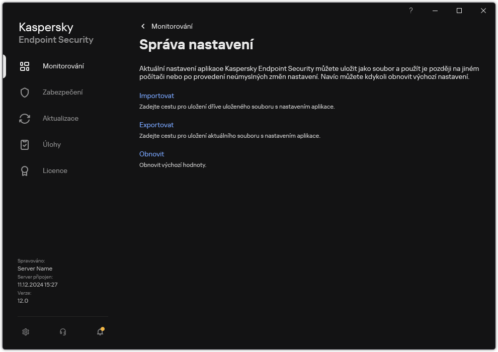 Okno nastavení výjimek. Uživatel může exportovat, importovat nebo obnovovat nastavení aplikace.