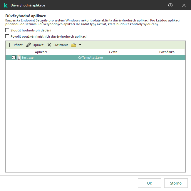 Okno se seznamem důvěryhodných aplikací. Uživatel může přidat, upravit nebo odebrat důvěryhodnou aplikaci.