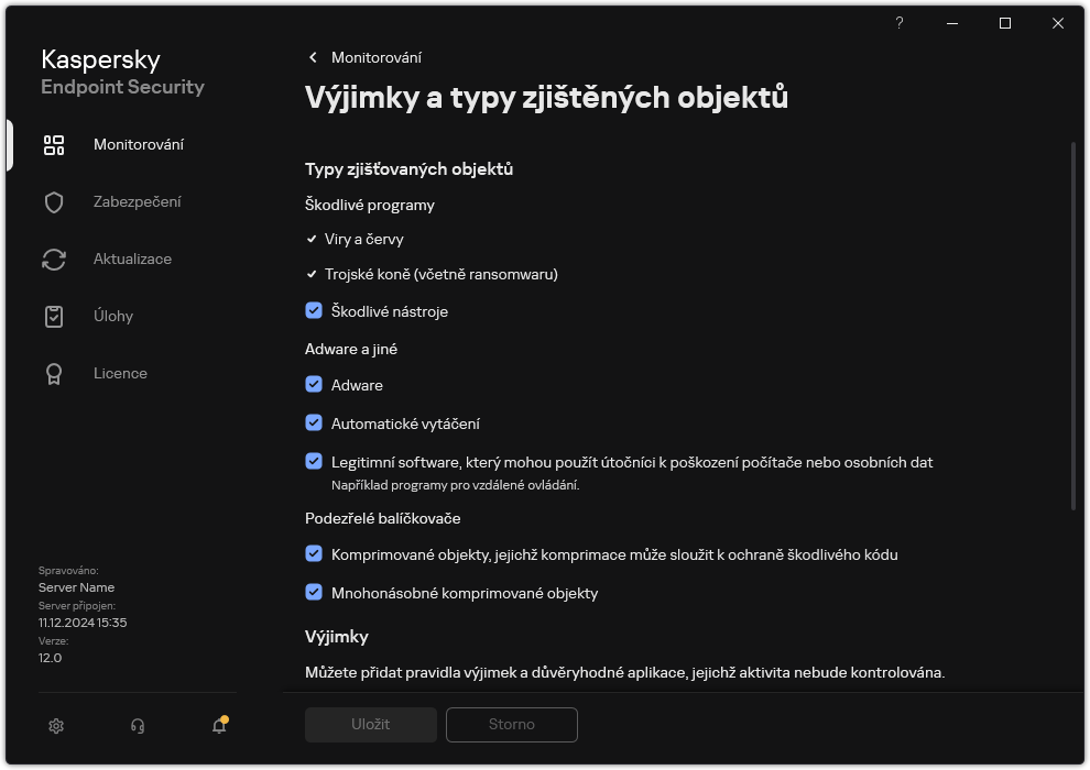 Okno nastavení výjimek. Uživatel může vybrat typy zjišťovaných objektů a přidat objekty do výjimek.