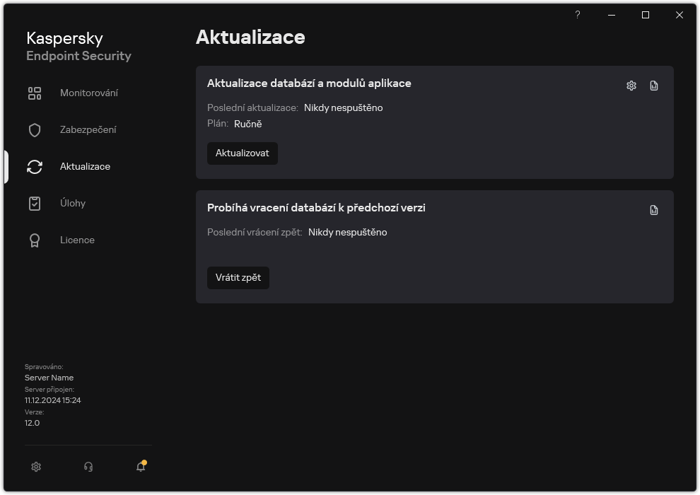 Okno se seznamem úloh místní aktualizace. Uživatel může spustit aktualizaci databází a modulů aplikace nebo vrátit poslední aktualizaci.