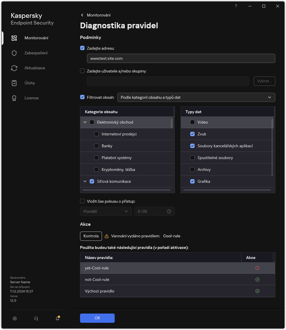 Okno s výsledky testu webových prostředků.