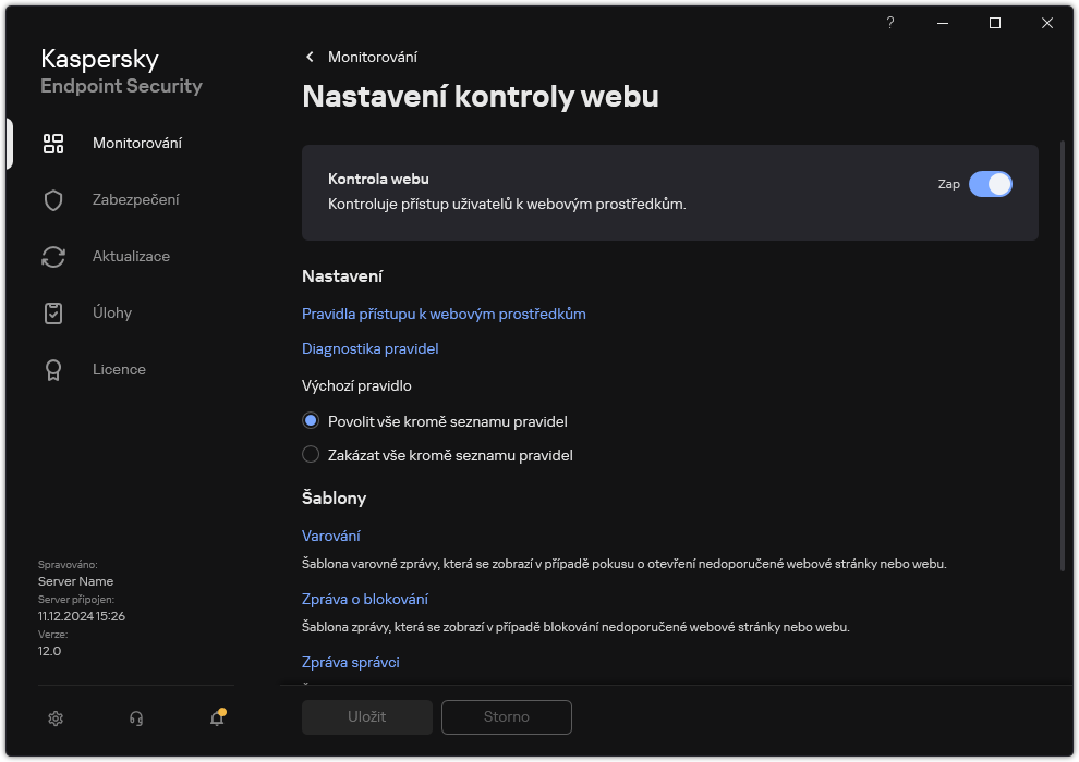 Nastavení součásti Kontrola webu.