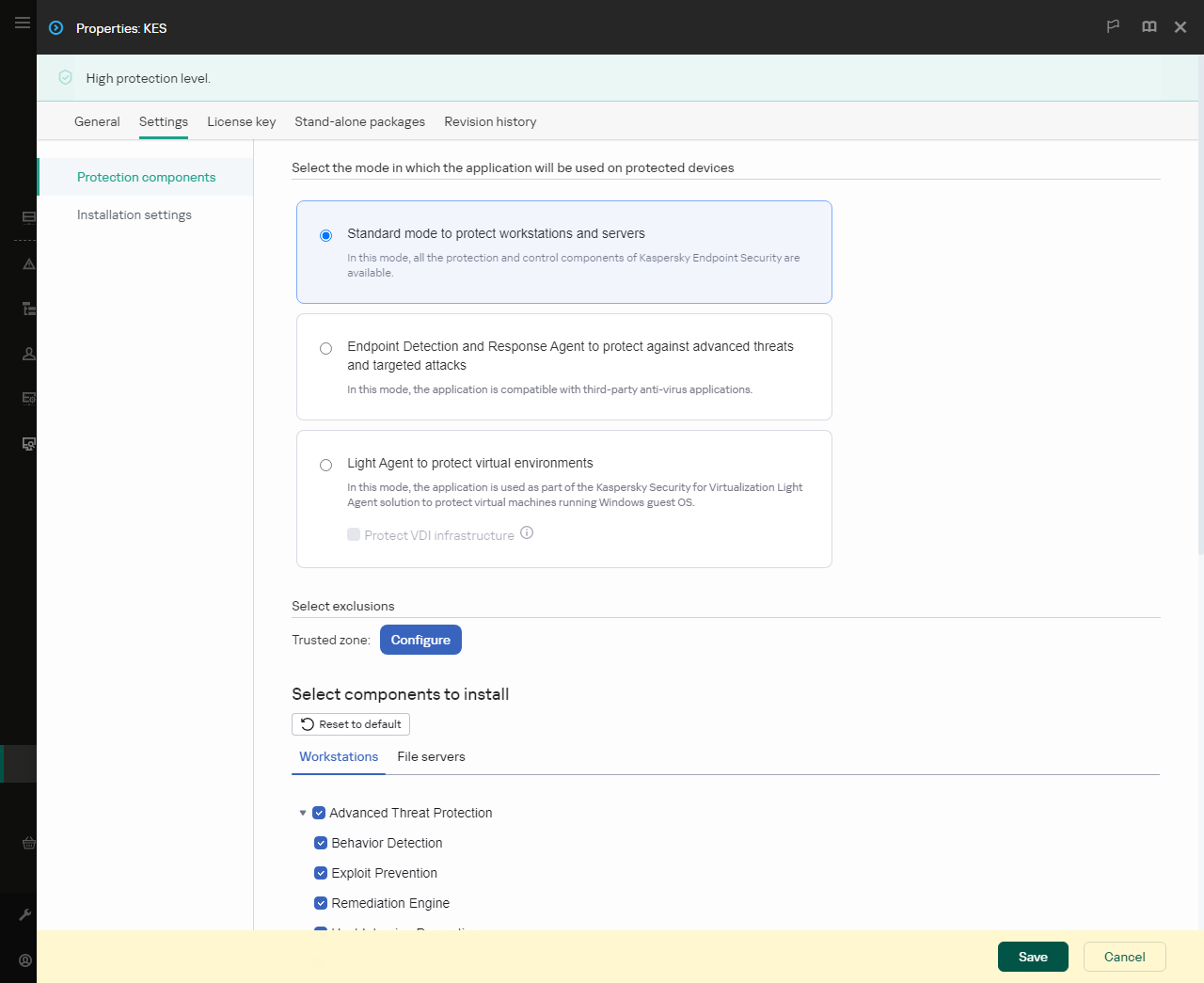 Okno vlastností instalačního balíčku. Můžete si vybrat, které součásti aplikace chcete zahrnout.
