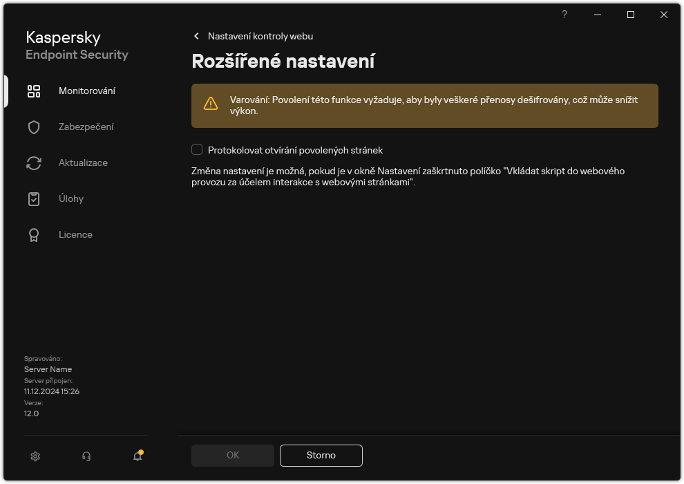 Okno s rozšířeným nastavením součásti Kontrola webu.