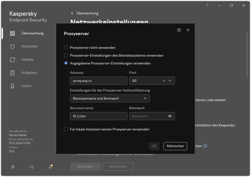 Das Fenster zum Konfigurieren der Proxyserver-Verbindung. Der Benutzer kann die Adresse des Proxyservers und Anmeldedaten für die Verbindung mit dem Proxyserver festlegen.