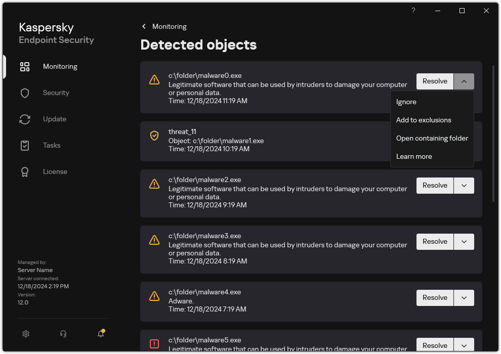 A window with the list of detected objects. Information about the object is displayed. The user can resolve or remove the object.