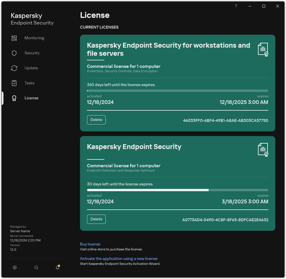 Window with current licenses.