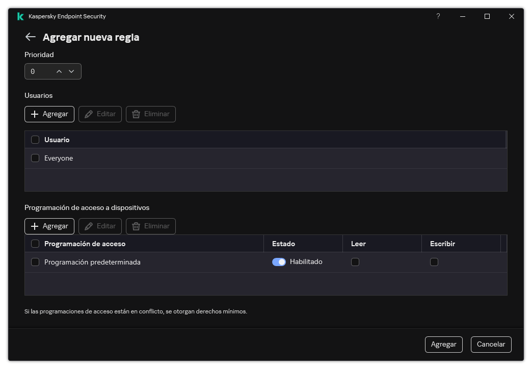 Ventana de configuración de reglas del Control de dispositivos. El usuario puede asignar la prioridad de la regla, agregar usuarios a la regla y establecer la programación de la regla.