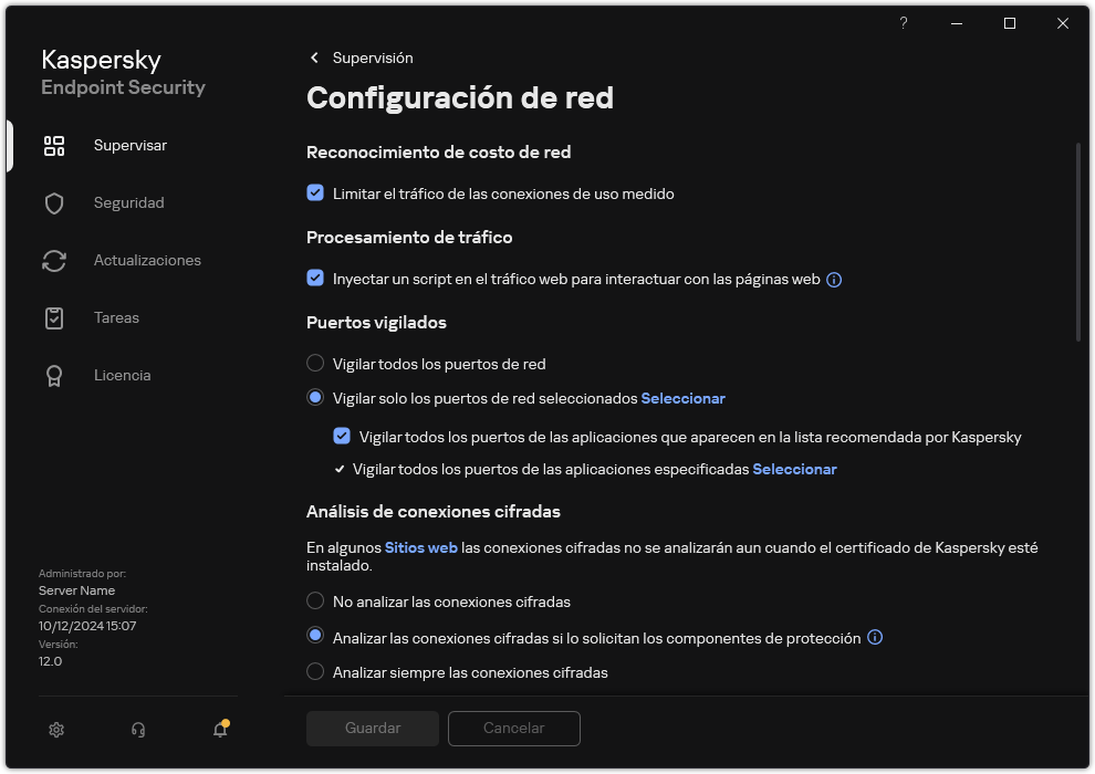 Ventana Configuración de red de la aplicación.