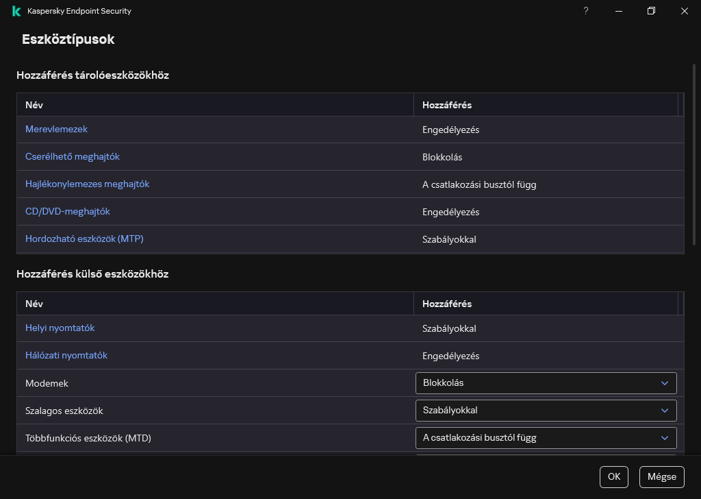 Az eszközökhöz való hozzáférés konfigurálására szolgáló ablak. A felhasználó konfigurálhatja a hozzáférést az eszközökhöz, és beállíthat további hozzáférési paramétereket, például a hozzáférési ütemezést.