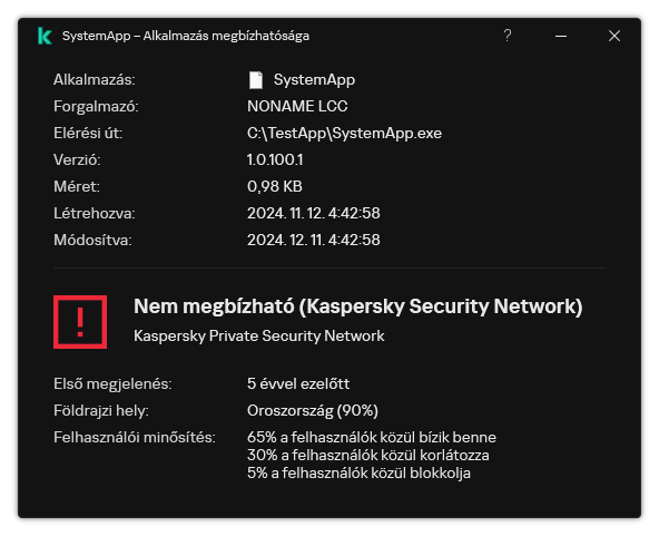 Az ablak információkat tartalmaz a fájl megbízhatóságáról és egyéb adatokról, például a digitális aláírás meglétéről.