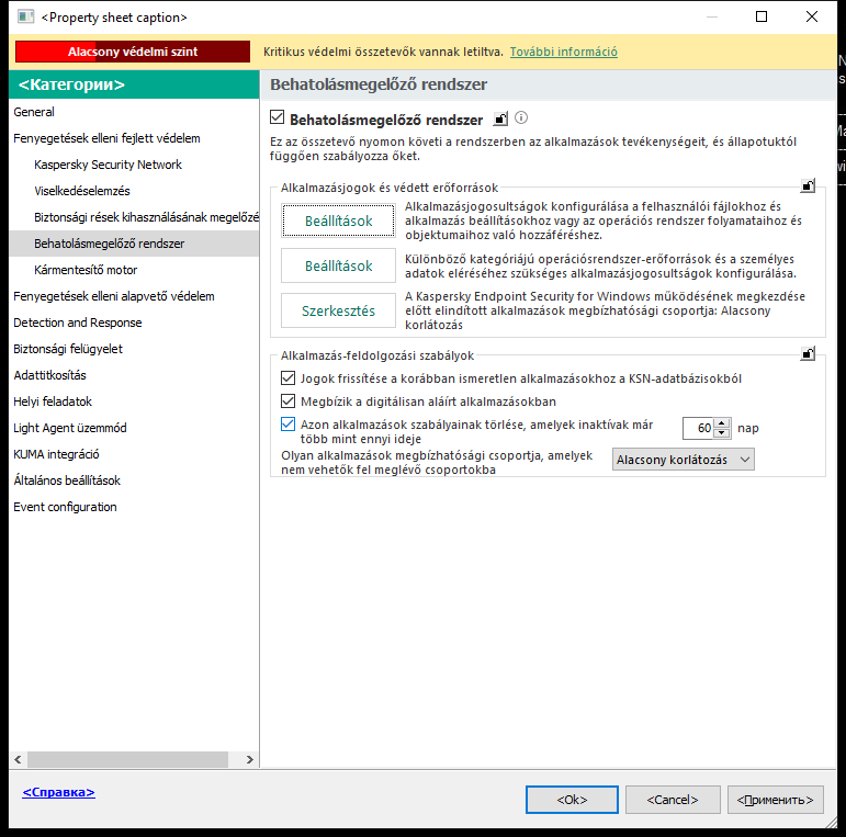 Behatolásmegelőző rendszer beállításai ablak.