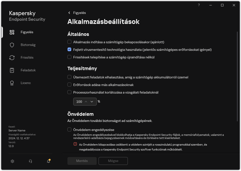 Alkalmazásbeállítások ablak. A felhasználó konfigurálhatja a teljesítményt, az önvédelmet és az egyéb beállításokat.