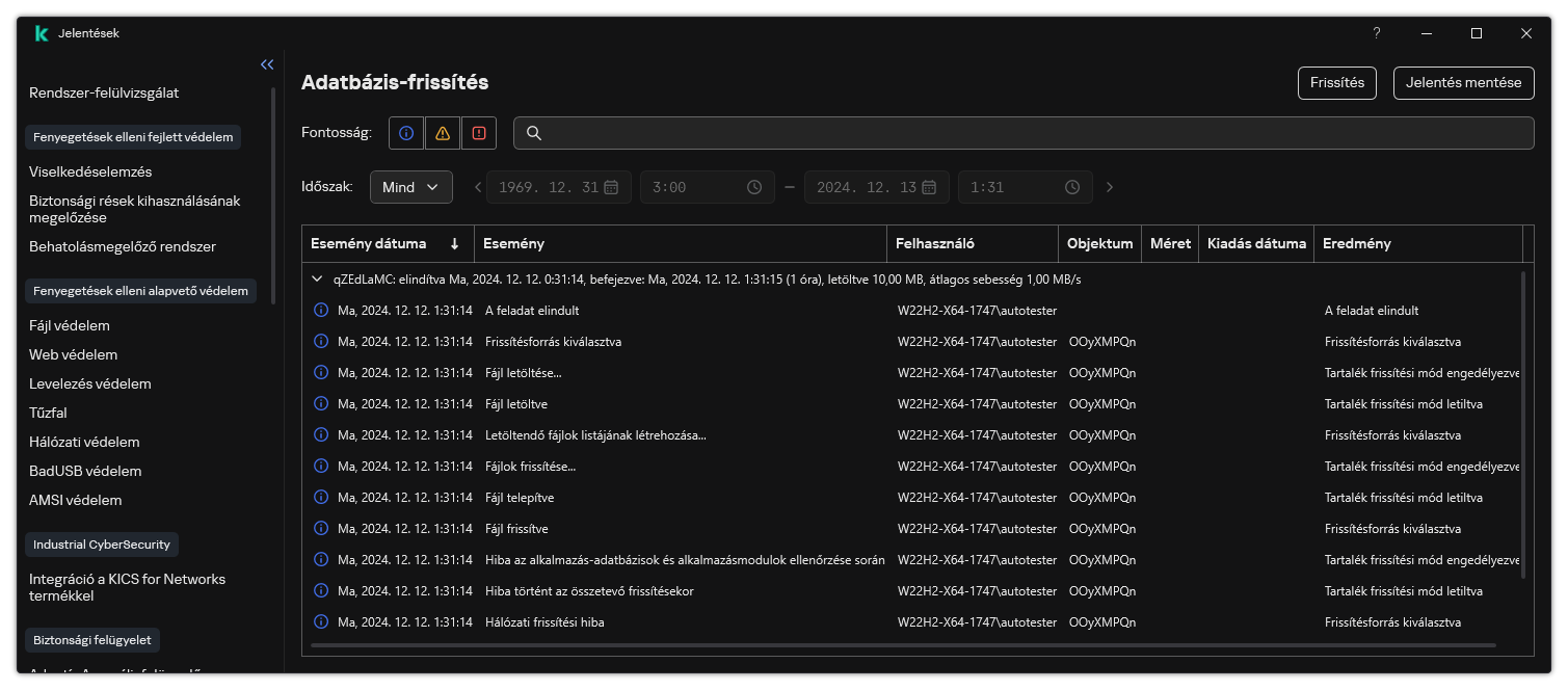 Egy ablak a jelentésben szereplő események listájával. A felhasználó szűrheti/rendezheti az eseményeket, és fájlba mentheti a jelentéseket.
