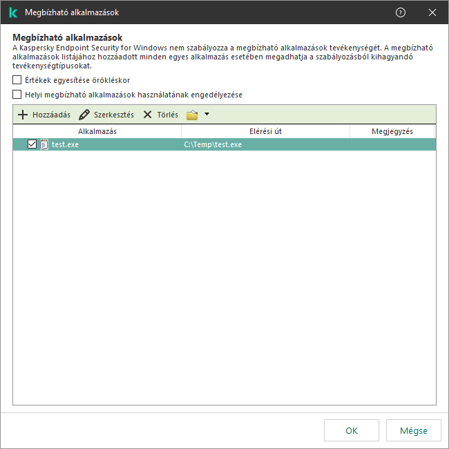 Egy ablak a megbízható alkalmazások listájával. A felhasználó hozzáadhat, szerkeszthet vagy eltávolíthat megbízható alkalmazásokat.
