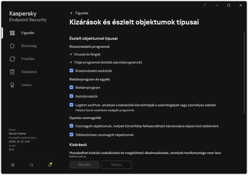 Kizárási beállítások ablak. A felhasználó kiválaszthatja az észlelt objektumok típusait, és objektumokat adhat hozzá a kizárásokhoz.