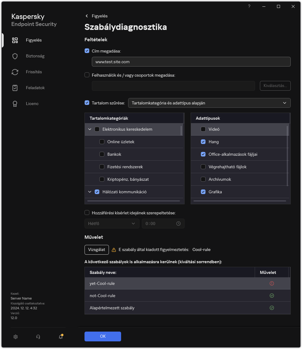 Webes erőforrás teszteredményei ablak.