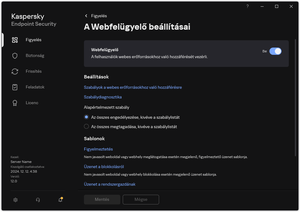 Webfelügyelői beállítások ablaka.