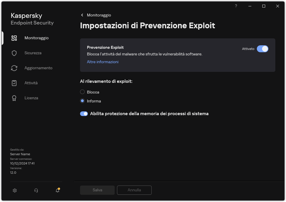 Finestra Impostazioni di Prevenzione Exploit