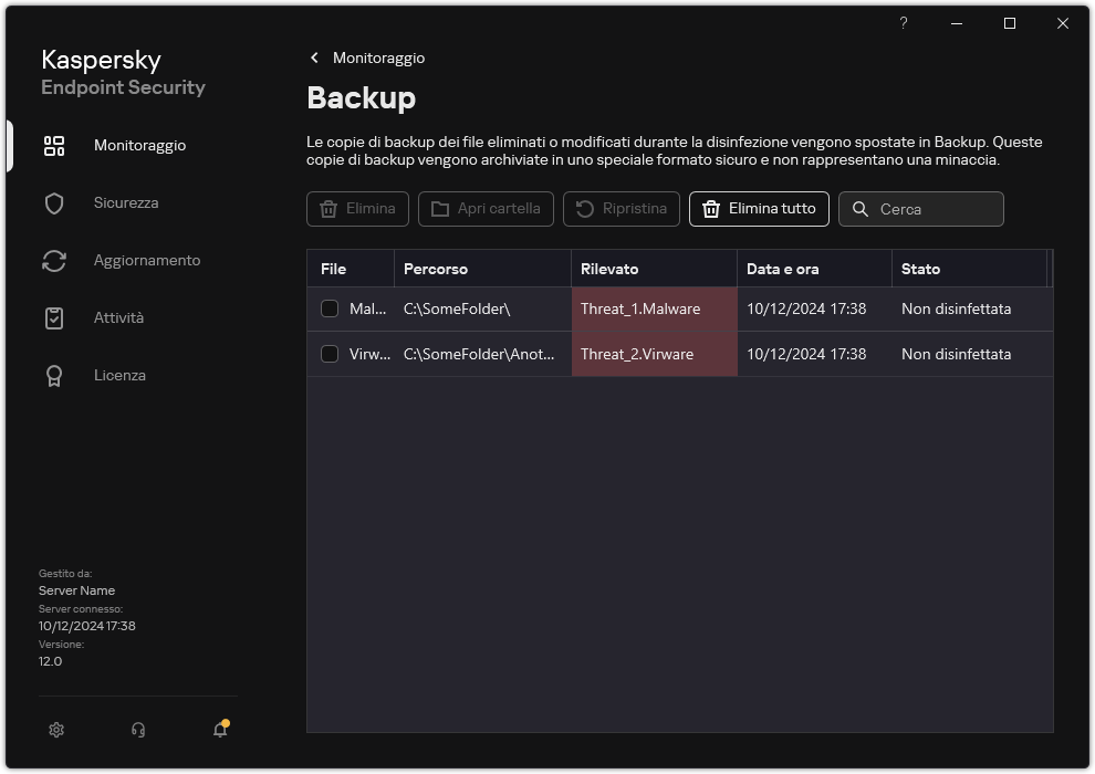 Finestra di backup.