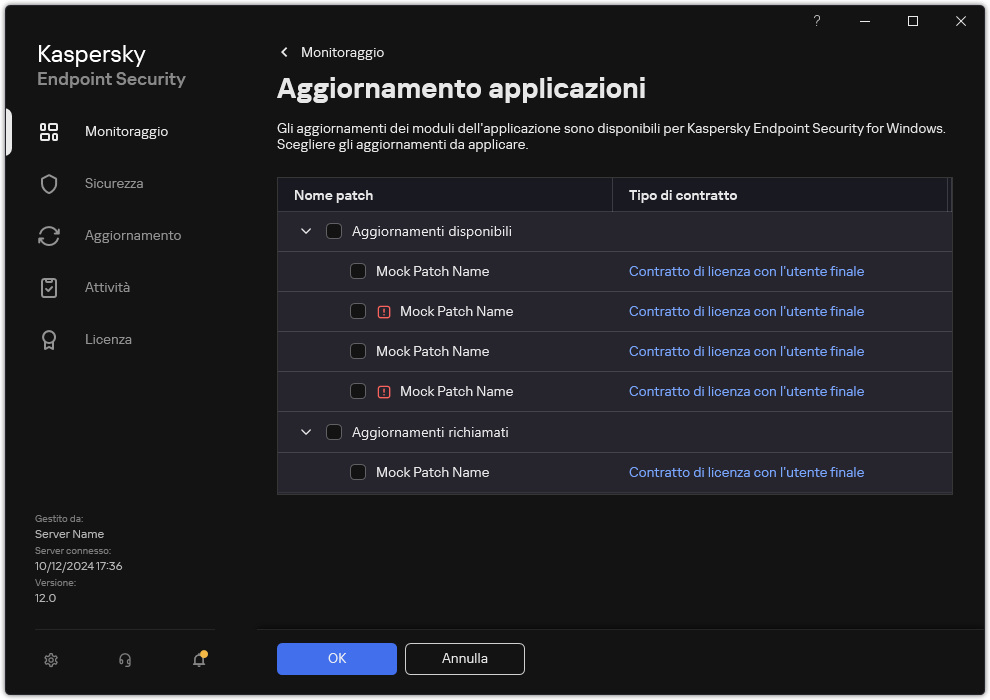 Finestra con un elenco delle patch disponibili. L'utente può selezionare le patch e accettare i termini e le condizioni degli accordi.
