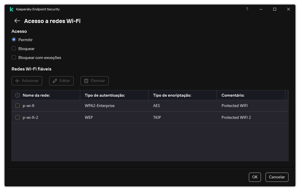 Uma janela com a lista de redes Wi-Fi. O utilizador pode configurar o acesso a todas as redes Wi-Fi e adicionar redes Wi-Fi fiáveis.