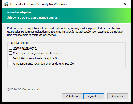 Janela de instalação com uma lista dos objetos que podem ser guardados após a remoção da aplicação.