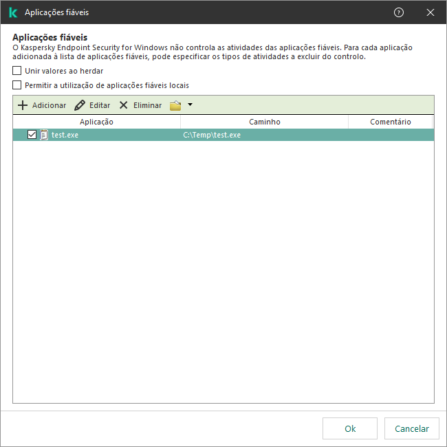 Uma janela com a lista de aplicações fiáveis. O utilizador pode adicionar, editar ou remover uma aplicação fiável.