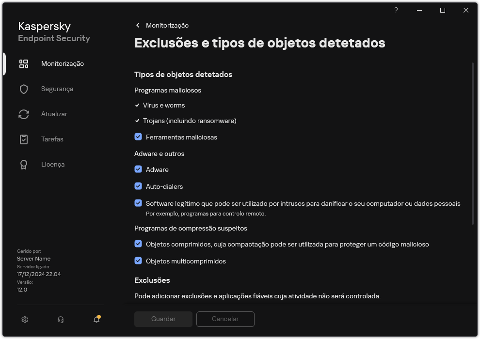 Janela de definições de exclusão. O utilizador pode selecionar tipos de objetos detetados e adicionar objetos às exclusões.
