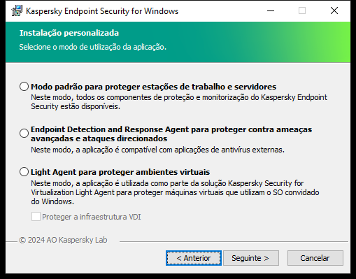 Janela do instalador com configuração da aplicação: funcionalidade completa ou Endpoint Detection and Response Agent.