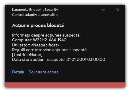 Notificare despre declanșarea unei reguli. Utilizatorul poate crea o solicitare pentru a permite o acțiune de proces.