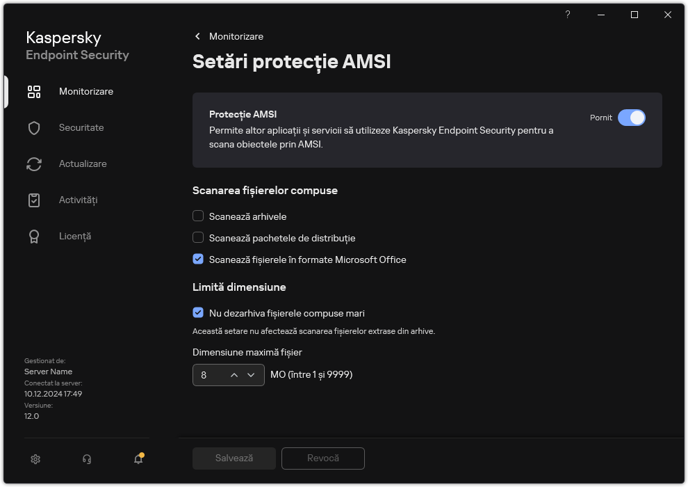 Fereastra de setări Protecție AMSI.