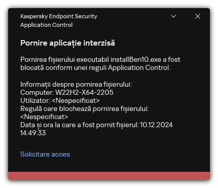 Notificare despre pornirea aplicației blocate. Utilizatorul poate crea o solicitare de lansare a aplicației.
