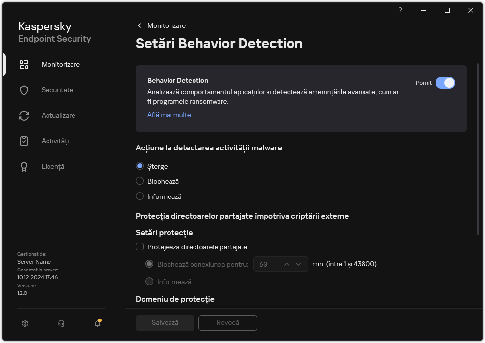 Fereastra de setări Behavior Detection.