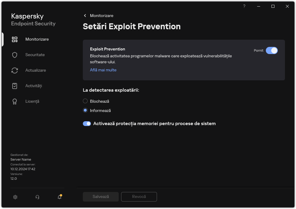 Fereastra de setări Exploit Prevention
