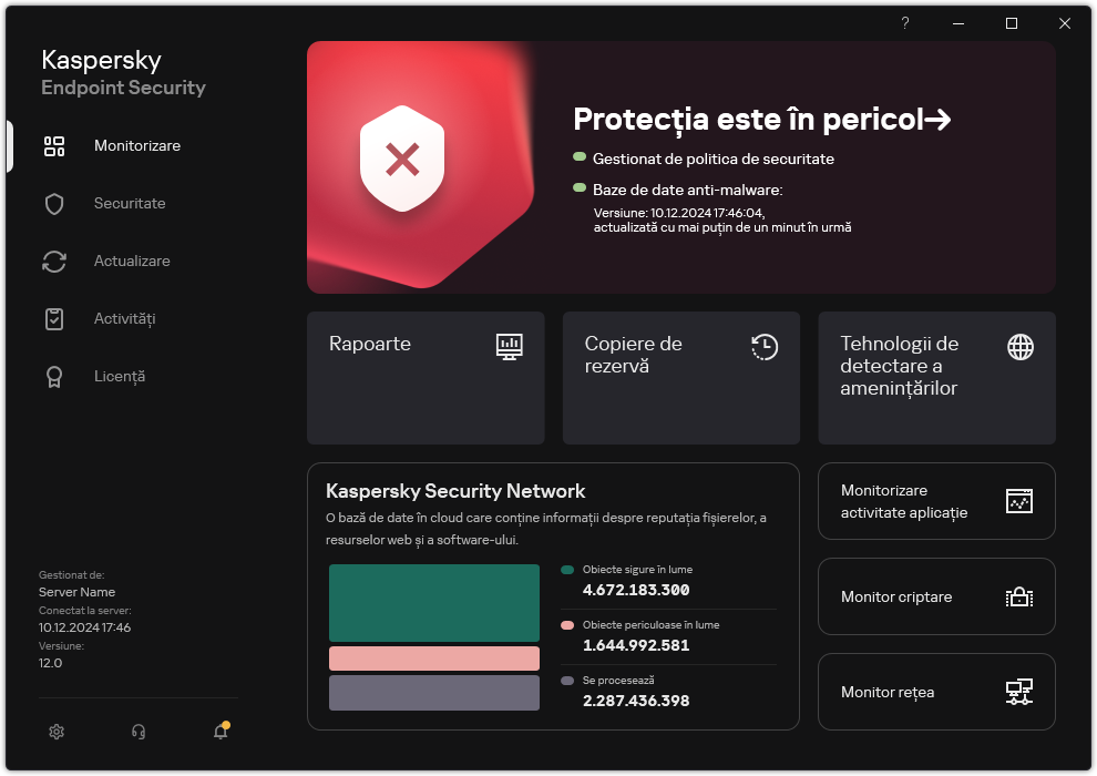 Fereastra principală a aplicației când există amenințări neprocesate. Este afișat mesajul „Securitatea este periclitată”.