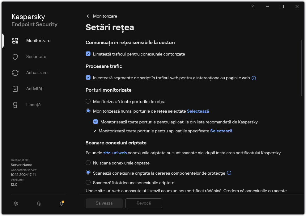 Fereastra Setări de rețea pentru aplicație.