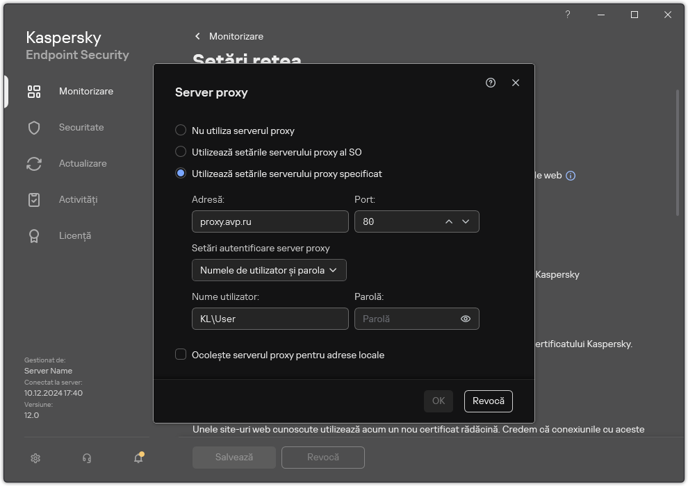 Fereastra pentru configurarea conexiunii serverului proxy. Utilizatorul poate seta adresa serverului proxy și acreditările pentru conectarea la serverul proxy.