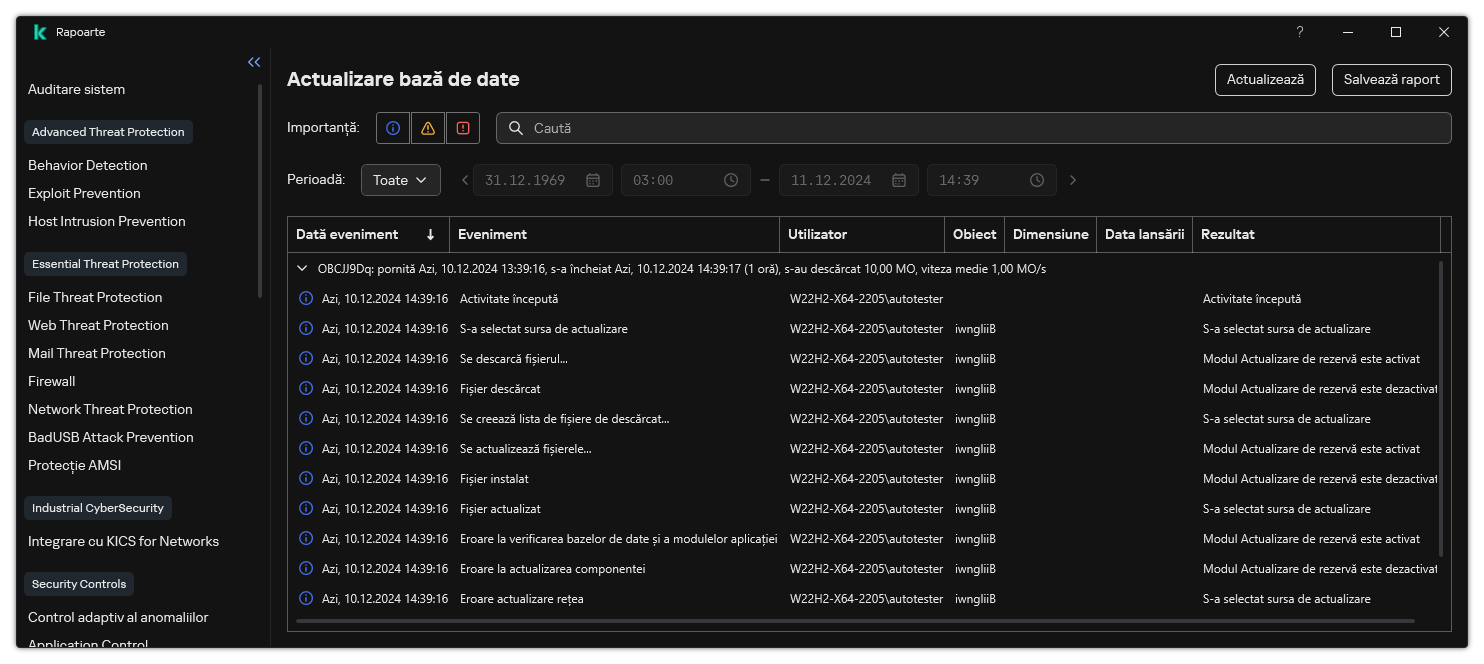 O fereastră cu lista de evenimente din raport. Utilizatorul poate filtra/sorta evenimente și poate salva rapoarte într-un fișier.