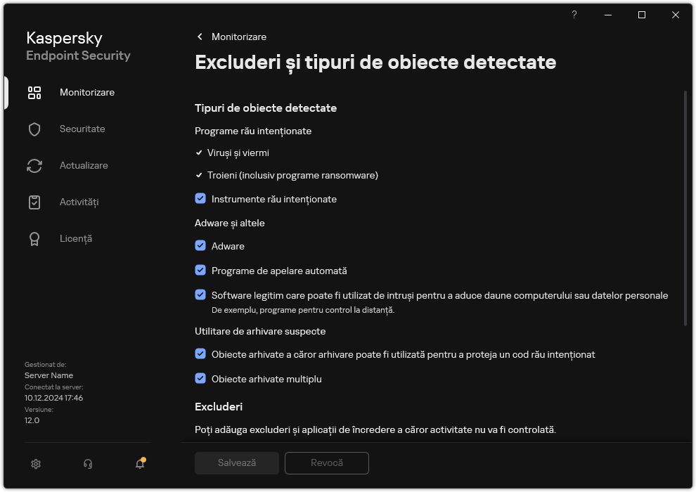 Fereastra cu setările excluderilor. Utilizatorul poate selecta tipuri de obiecte detectate și poate adăuga obiecte la excluderi.