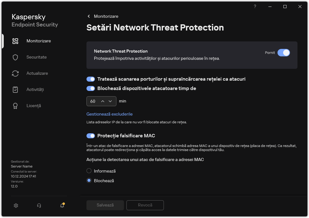 Fereastra de setări Network Threat Protection
