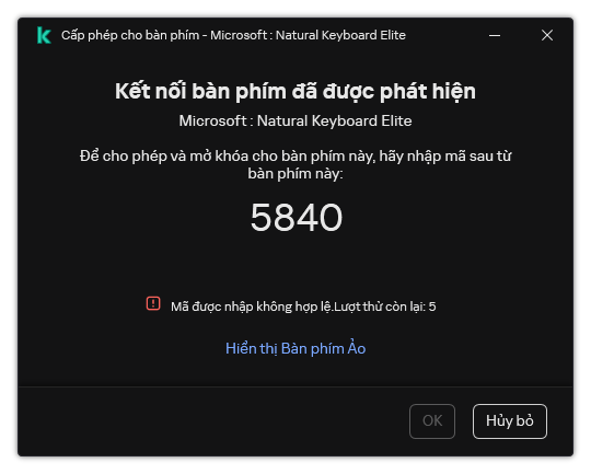 Cửa sổ chứa mã cho phép sử dụng bàn phím. Người dùng có thể kích hoạt bàn phím ảo và nhập mã.